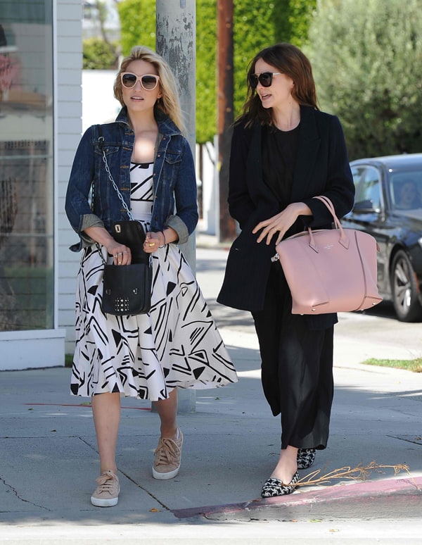 Dianna Agron pairs a denim jacket with a geometric-print dress and sneakers, while Carey Mulligan opts for an elegant all-black ensemble during their lunch outing in West Hollywood, Los Angeles, on April 26, 2014