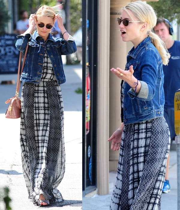 Dianna Agron masters casual elegance, pairing a plaid maxi dress with a cropped denim jacket, accessorized with a Louis Vuitton bag and chic sunglasses during a lunch outing with friends in Los Angeles on April 23, 2014