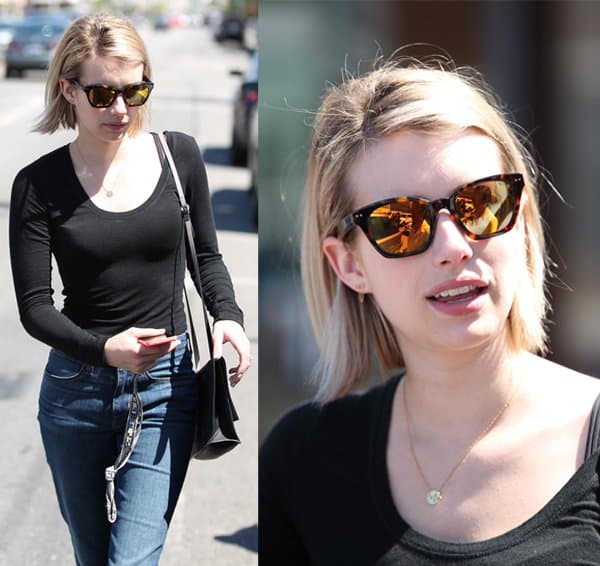 Emma Roberts wears funky sunglasses while shopping at Kate Spade on Third Street in West Hollywood