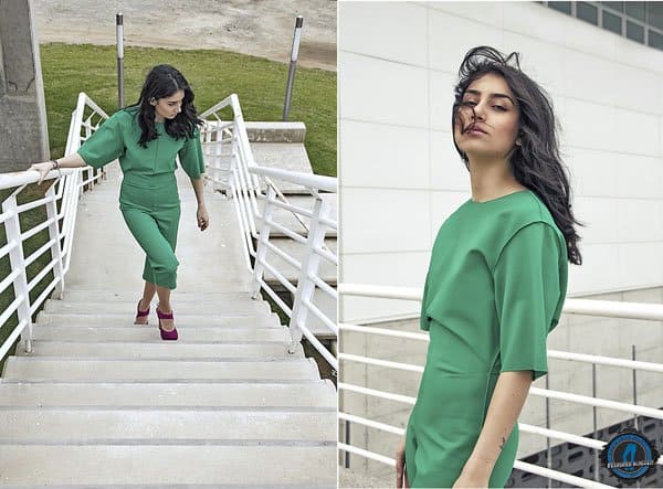 Eraclia rocks a green jumpsuit with Mary Jane heels