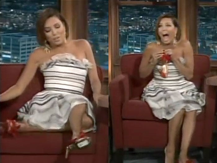 Eva Longoria realizing that the price tag was still on her Valentino pumps during a guest appearance on 'The Late Late Show' with Craig Ferguson aired on September 4, 2008