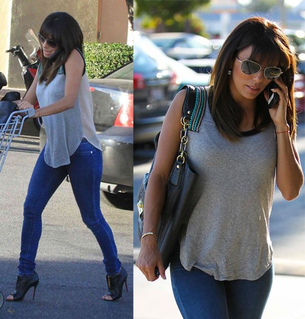 Eva Longoria shopping for groceries in skinny jeans at Ralphs in Hollywood