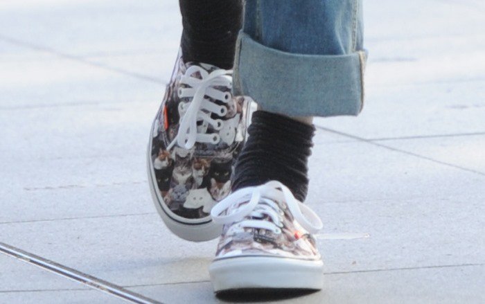 Fearne Cotton's feet in cat-printed Vans sneakers