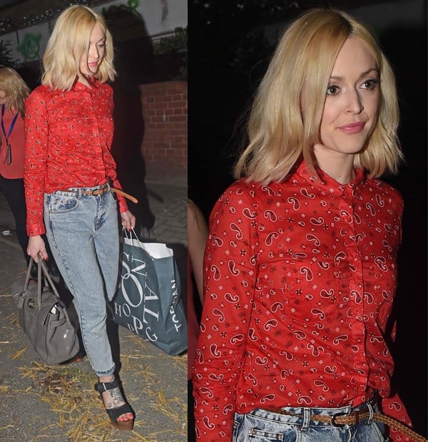 Fearne Cotton combines vintage charm with modern style, wearing high-rise boyfriend jeans with a red paisley button-down, a brown woven belt, and platform sandals for a sophisticated yet relaxed look