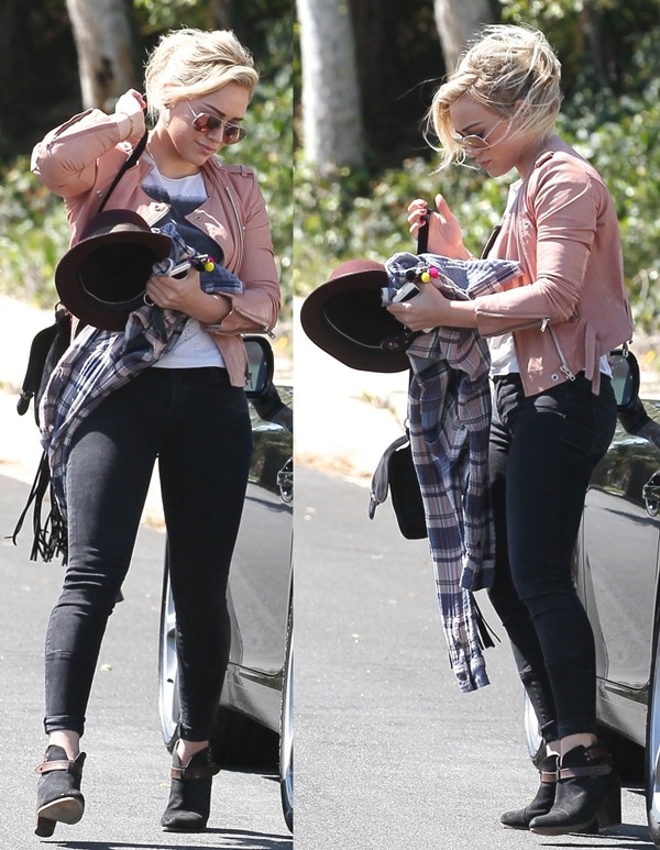 Hilary Duff styles her Rag & Bone booties with an IRO jacket and a plaid scarf