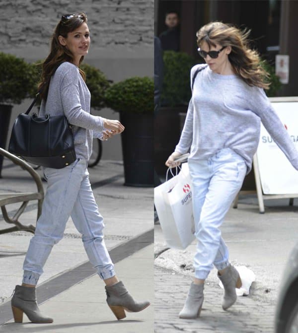 Jennifer Garner styled her pajama jeans with a nondescript grey sweatshirt in New York City