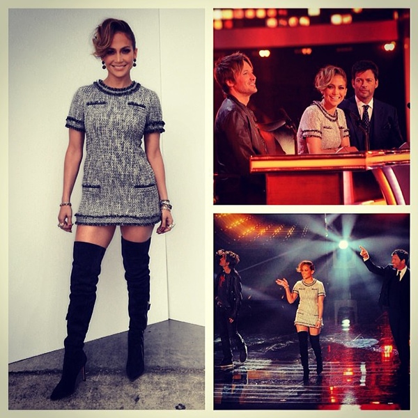 Jennifer Lopez wears a mini tweed dress with thigh-high Gianvito Rossi boots