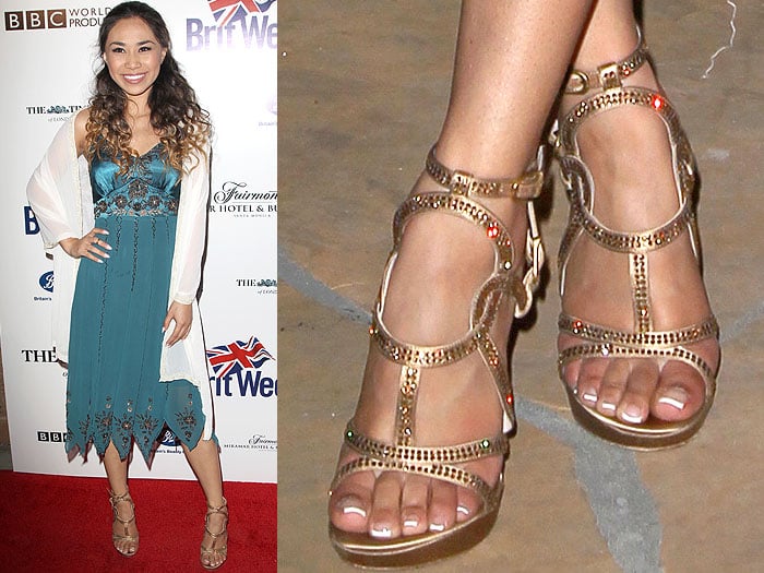 Jessica Sanchez's Versace circle-strap satin sandals