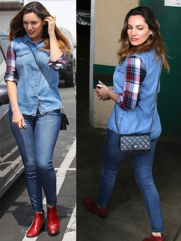 Kelly Brook wears cropped jeans paired with a Rails Harper denim button-down shirt