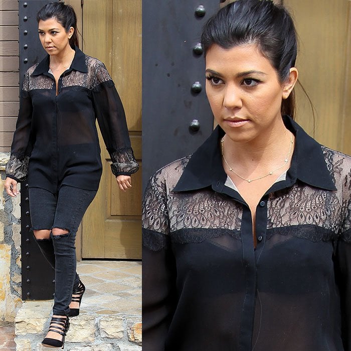 Kourtney Kardashian exiting the Villa restaurant after a lunch date with sisters Kim and Khloe