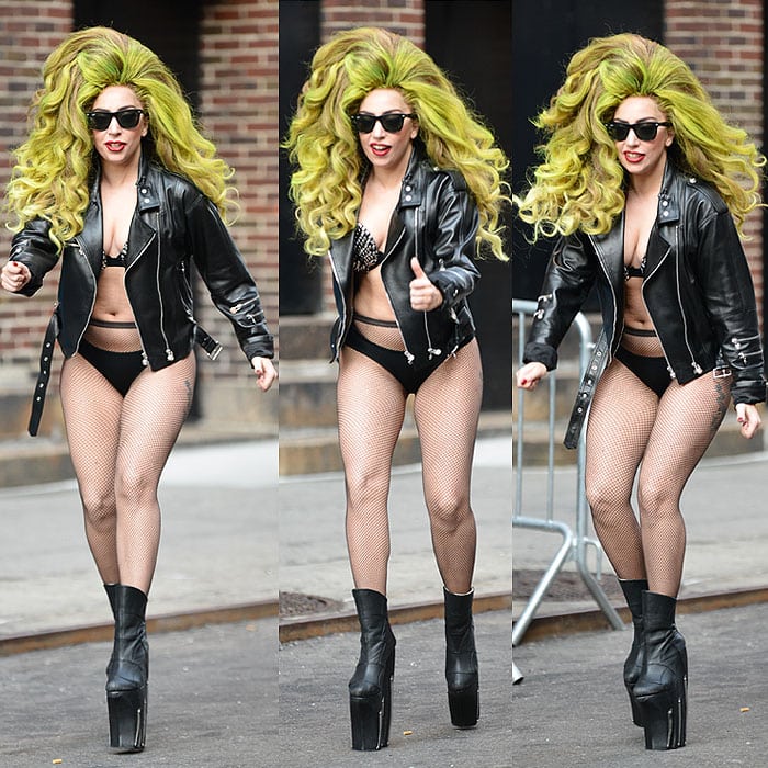 Lady Gaga doing a little jog in a pair of super-high platform boots