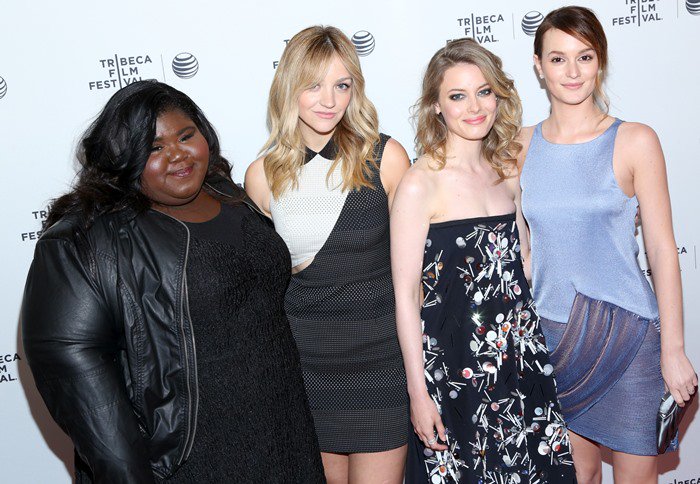 Gabby Sidibe, Abby Elliott, Gillian Jacob, and Leighton Meester pose for photos at the Tribeca Film Festival's premiere of "Life Partners"