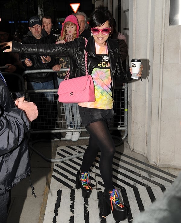 Lily Allen flaunted her legs in a colorful tie-dyed Nowhere Special shirt