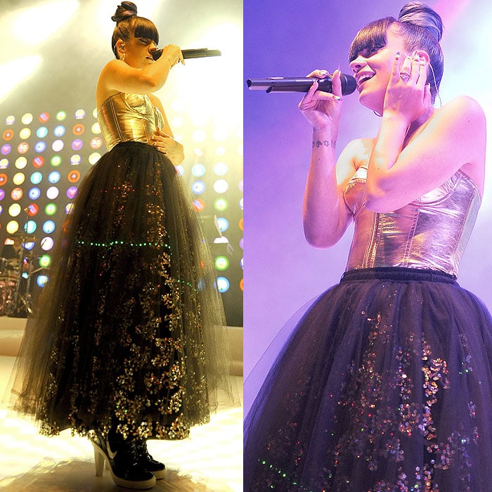 Lily Allen's costume change: a strapless gold corset, a sequined tulle ball skirt, and Nike high-heel sneakers