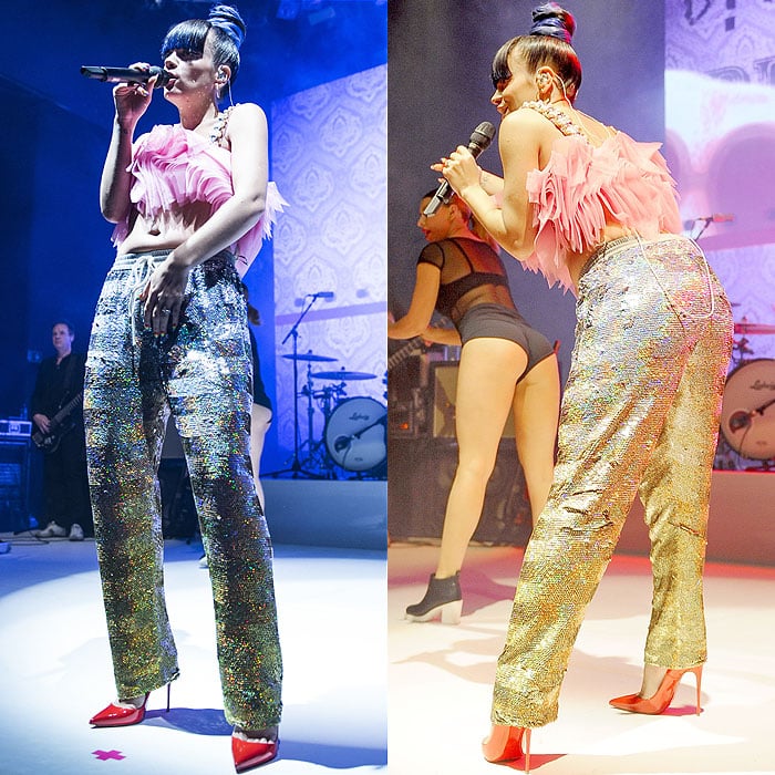 Lily Allen Has Double Nip Slip in Pink Crop Top at London Concert.