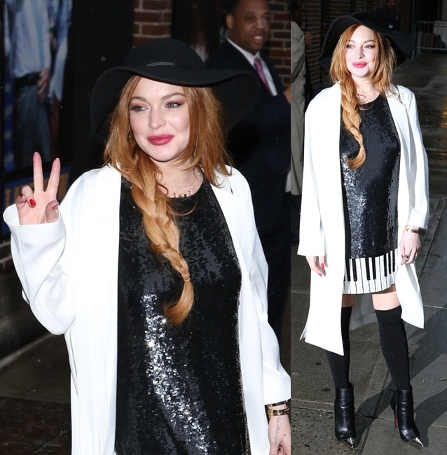 Lindsay Lohan turned heads in a piano-patterned sequined mini dress by Ashish, paired with a white coat, thigh-high stockings, and black Christian Louboutin cap-toe ankle boots for her appearance on David Letterman in New York City on April 7, 2014
