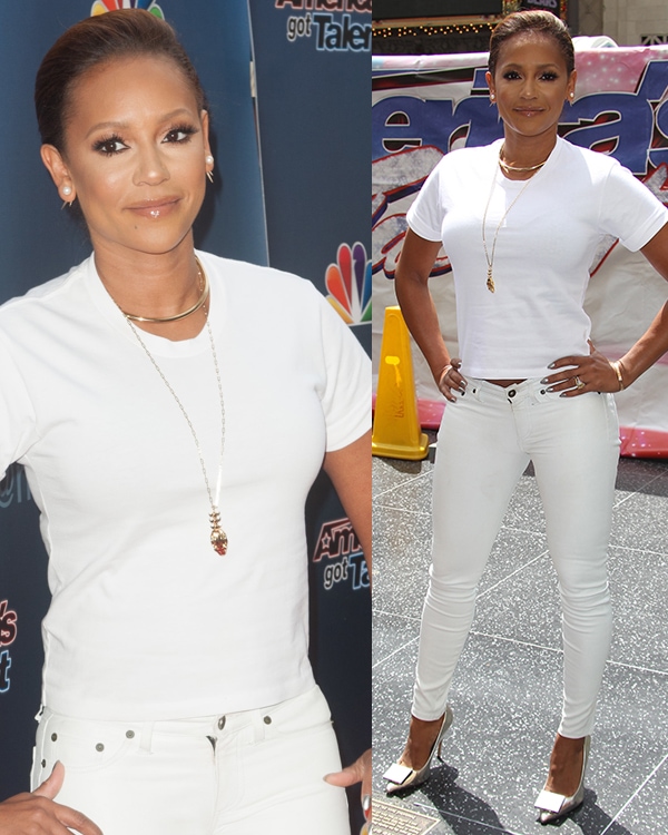Mel B covered up in an all-white ensemble consisting of a white tee and a matching pair of skinny jeans