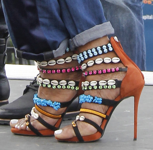 Nene Leakes wearing Giuseppe Zanotti strappy embellished sandals