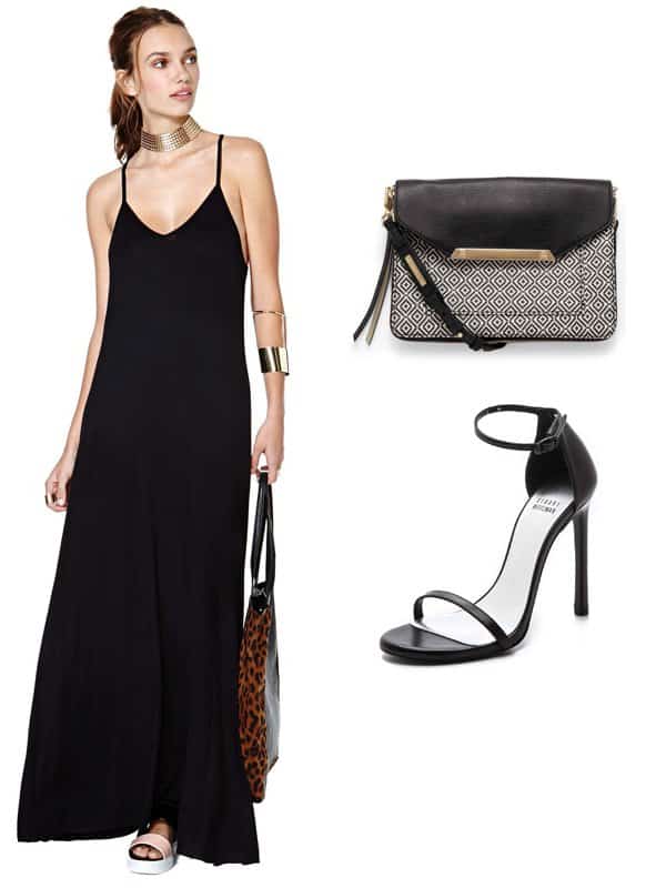 Olivia Munn's effortlessly chic look includes the Nasty Gal "Moxy" maxi dress, Stuart Weitzman "Nudist" single-band sandals, and the Stella & Dot "Tia" cross-body mosaic tile bag