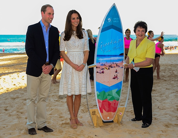 Catherine, Duchess of Cambridge, and Prince William, Duke of Cambridge, visiting Manly Beach on Sydney's North Shore during their royal tour of Australia on April 18, 2014