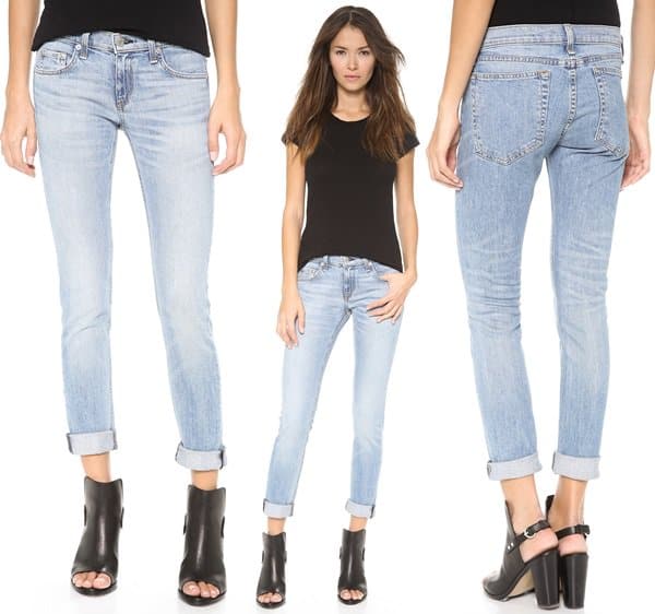 Fading and whiskering add a worn look to slouchy Rag & Bone/JEAN boyfriend jeans