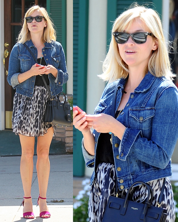 Reese Witherspoon's denim jacket and animal-printed skirt