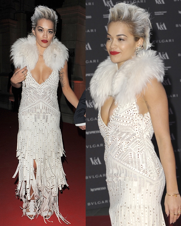 Rita Ora's white leather dress designed with multiple stud embellishments