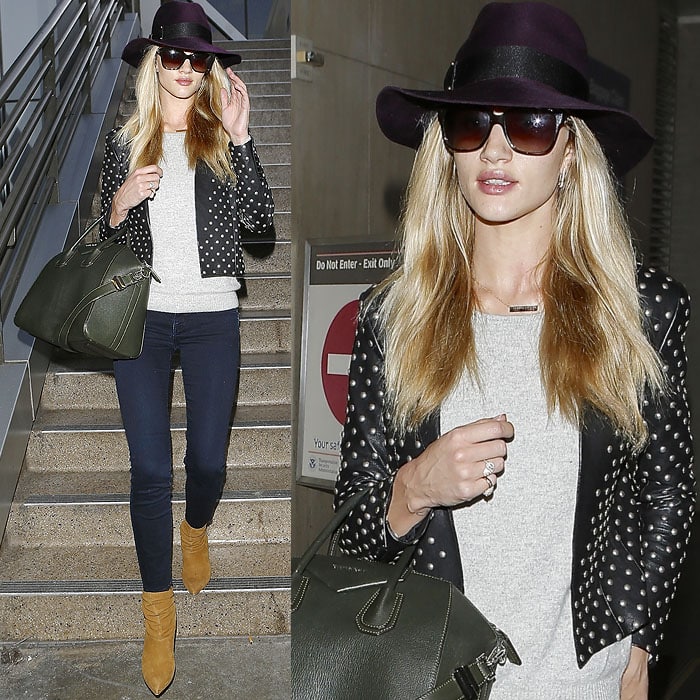 Rosie Huntington-Whiteley wears a purple Eugenia Kim fedora