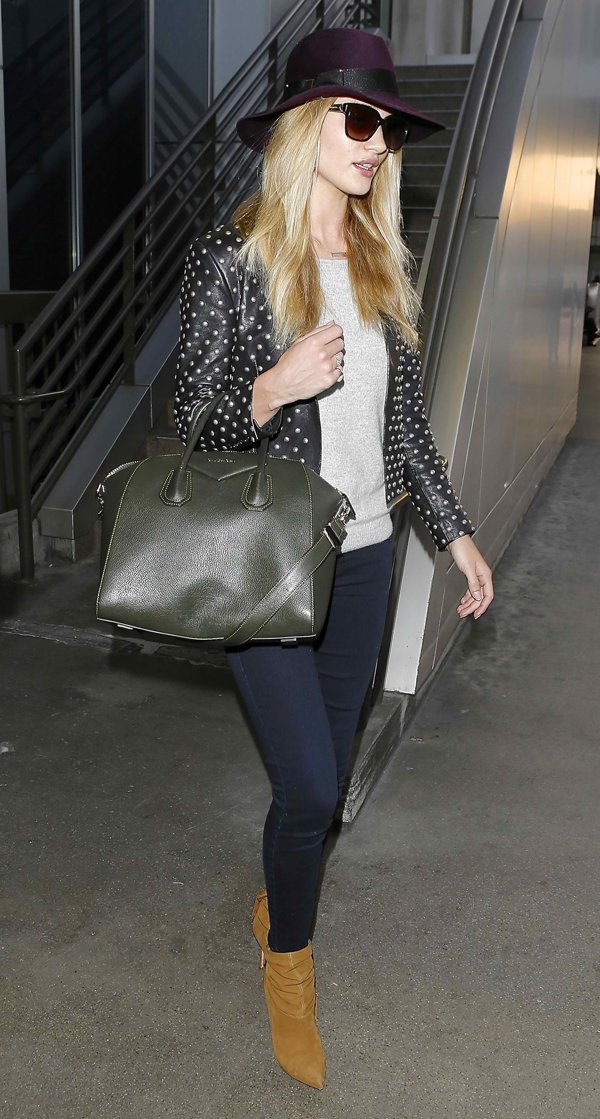 Rosie Huntington-Whiteley arrives in dark denim jeans at Los Angeles International (LAX) airport