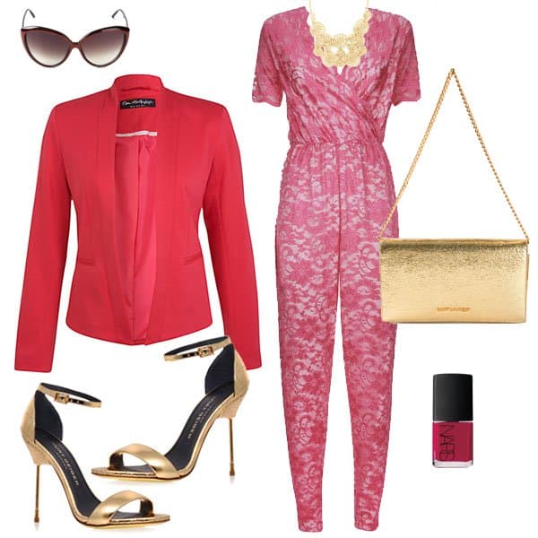 Hot outfit with pink lace scalloped collar wrap jumpsuit with gold metallic heels