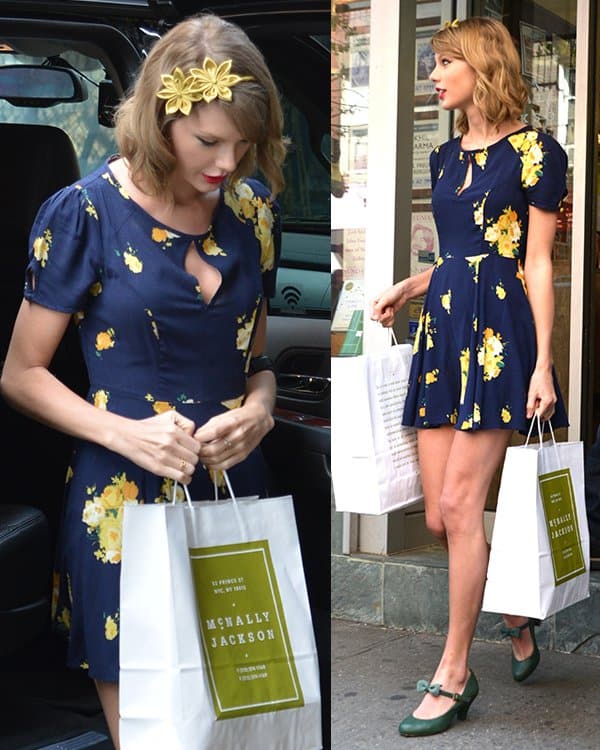Taylor Swift looks effortlessly chic in a floral Urban Outfitters dress and green Mary Jane shoes while shopping in New York City