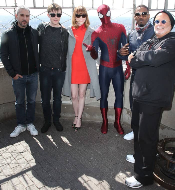 Matt Tolmach, Dane DeHaan, Emma Stone, Spiderman, Jamie Foxx, and Avi Arad visit The Empire State Building