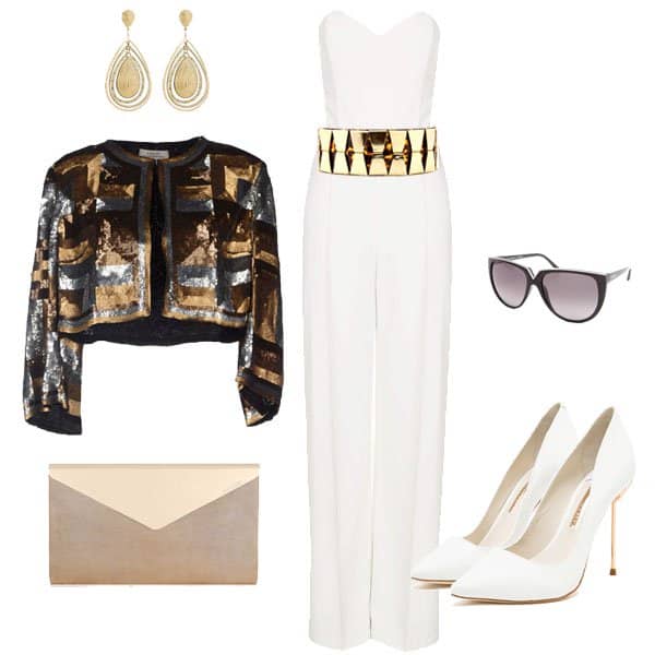 Outfit with tailored sweetheart neckline and white high heels