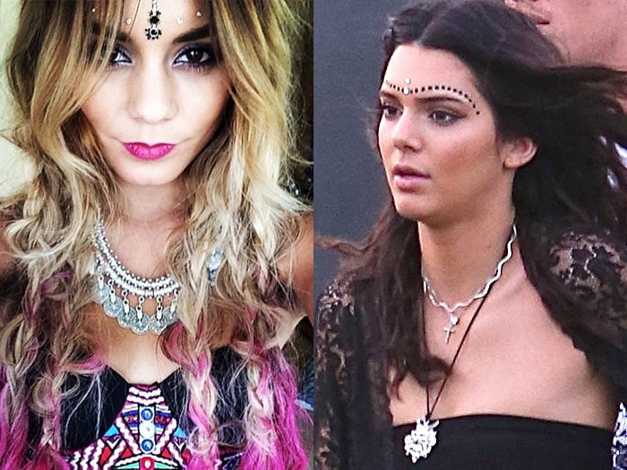 Left: Via Vanessa Hudgens's Instagram; Right: Kendall Jenner sports a bindi during the first day of the second week of the 2014 Coachella Music Festival