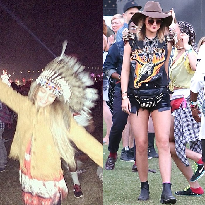 Left: Via Vanessa Hudgens's Instagram: Vanessa wears a Native American headdress while dancing at Coachella - posted April 15, 2014; Right: Kylie Jenner wears a body chain with feathered shoulders during the first day of the second week of the 2014 Coachella Music Festival