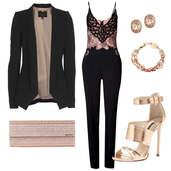 Outfit with black combination lace jumpsuit and gold metallic high heels