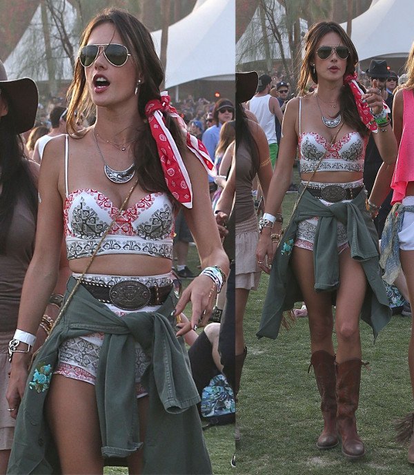 Alessandra Ambrosio's look is composed of a bohemian-printed bustier and matching high-waisted shorts