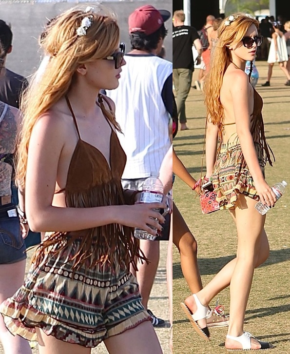 Bella Thorne wearing a sexy bohemian ensemble with black-and-white lace-up sandals at the Coachella Music Festival in Indio, California, on April 20, 2014