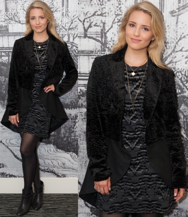 Dianna Agron looked cool and sophisticated in a stylish tail coat from Rodarte for Opening Ceremony over a short-sleeved dress with graphic prints from Theory