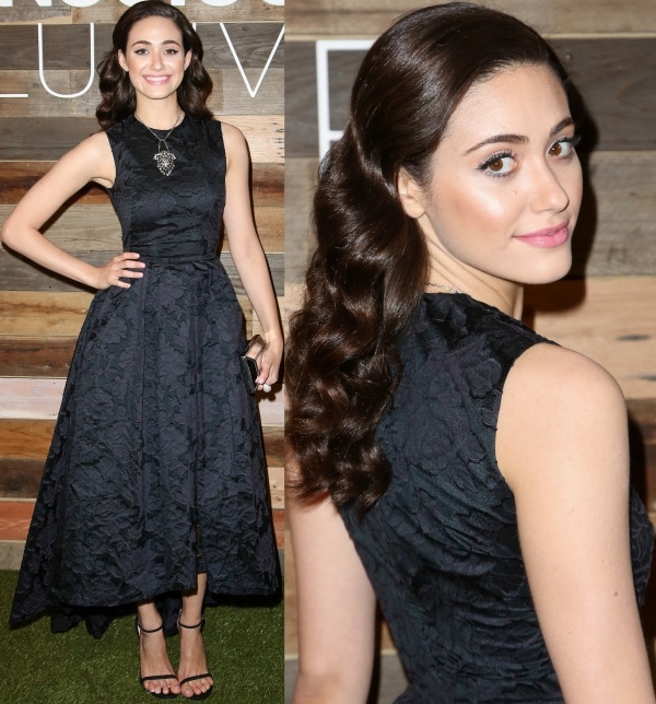 Emmy Rossum in a brocade dress at the H&M Conscious Collection dinner