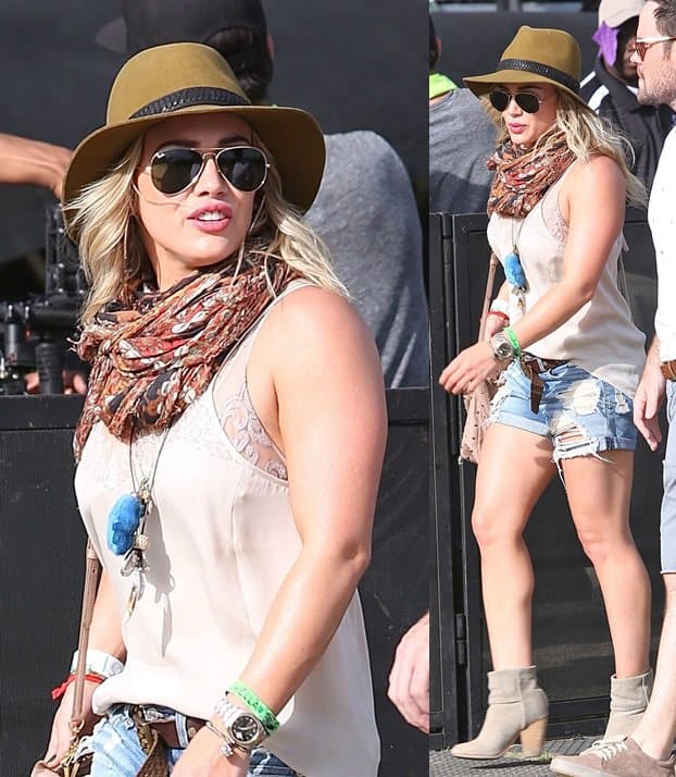 Hilary Duff shows how to wear distressed denim cutoffs with a printed scarf and a floppy hat