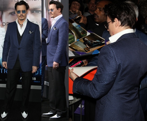 Johnny Depp showed up in a navy-and-black three-piece suit from Tom Ford at the premiere of 'Transcendence'