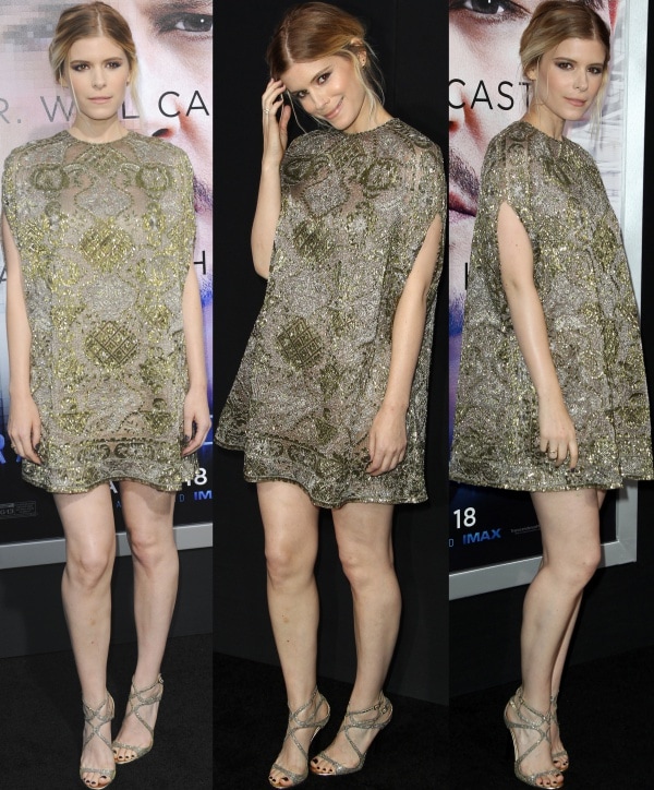 Kate Mara donned a stunning Valentino Pre-Fall 2014 sequin-embellished silk dress at the premiere of 'Transcendence'