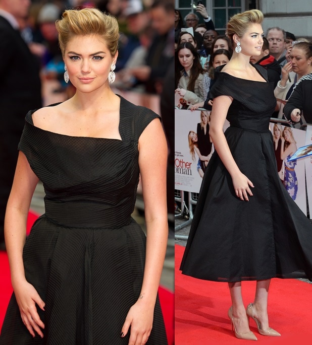Kate Upton wears a black tea-length dress to the red carpet premiere of "The Other Woman"