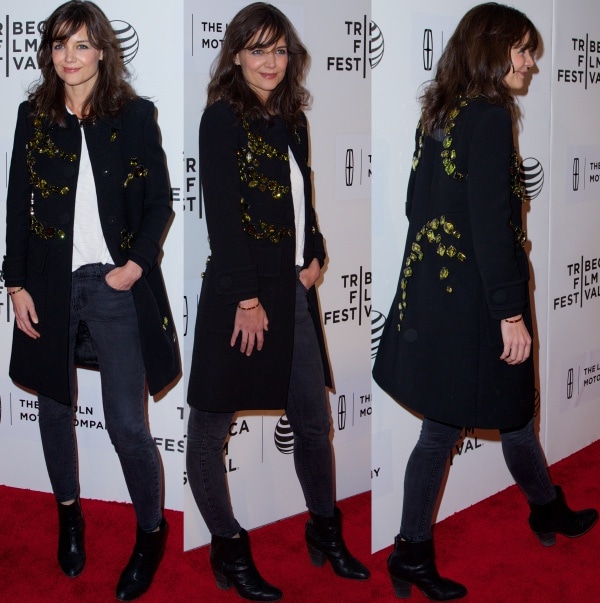 Katie Holmes wearing a beautiful black wool coat from Prada's Spring 2014 collection