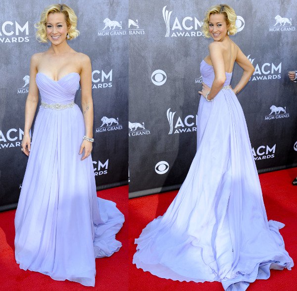 Kellie Pickler charms at the 49th Annual Academy of Country Music Awards in a lavender chiffon gown by Romona Keveza, featuring a sweetheart neckline and an embellished silk belt
