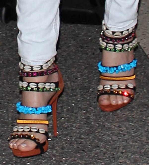 Khloe Kardashian's feet in colorful beaded Giuseppe Zanotti sandals