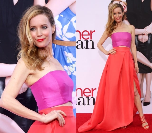 Leslie Mann stealing the spotlight in her two-piece Monique Lhuillier gown and orange-red strappy sandals at the premiere of 'The Other Woman' in Los Angeles on April 21, 2014
