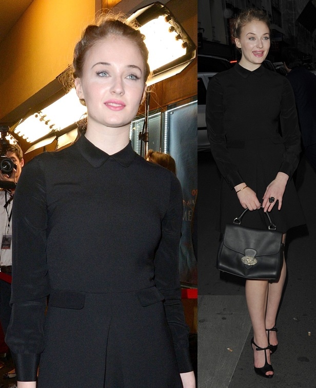 Sophie Turner in a black Mauro Grifoni pointy collar dress at the 'Game of Thrones, Season 4' Paris premiere