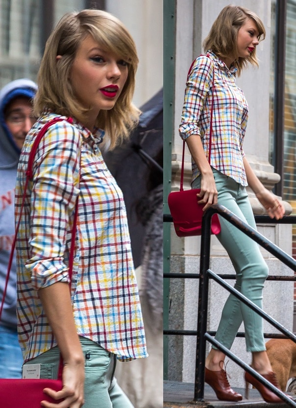Taylor Swift was spotted in New York City on April 15, 2014, wearing a Steven Alan reverse seam shirt in ecru multigrid, AG Jeans The Legging ankle jeans in dusty mint, Cole Haan Air Violet Oxford pumps, and carrying a J. Mendel midi clutch
